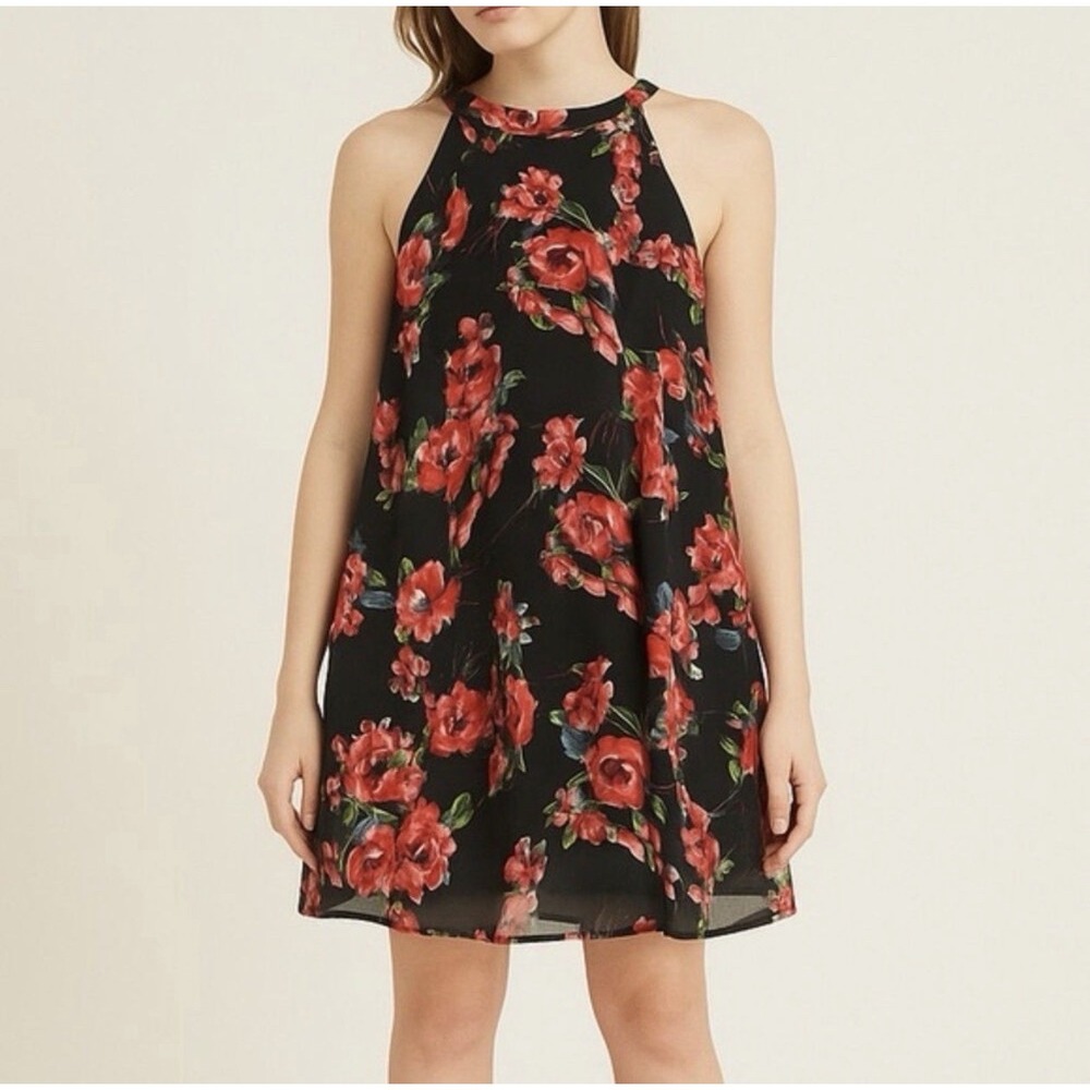 Betsey Johnson Black Floral Shift Cocktail Dress Mock Neck Sleeveless 6